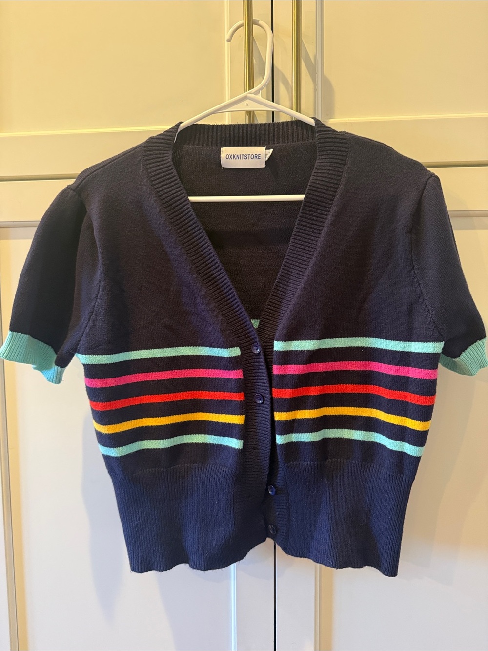 Navy Short-Sleeve Cardigan with Multicolor Stripes